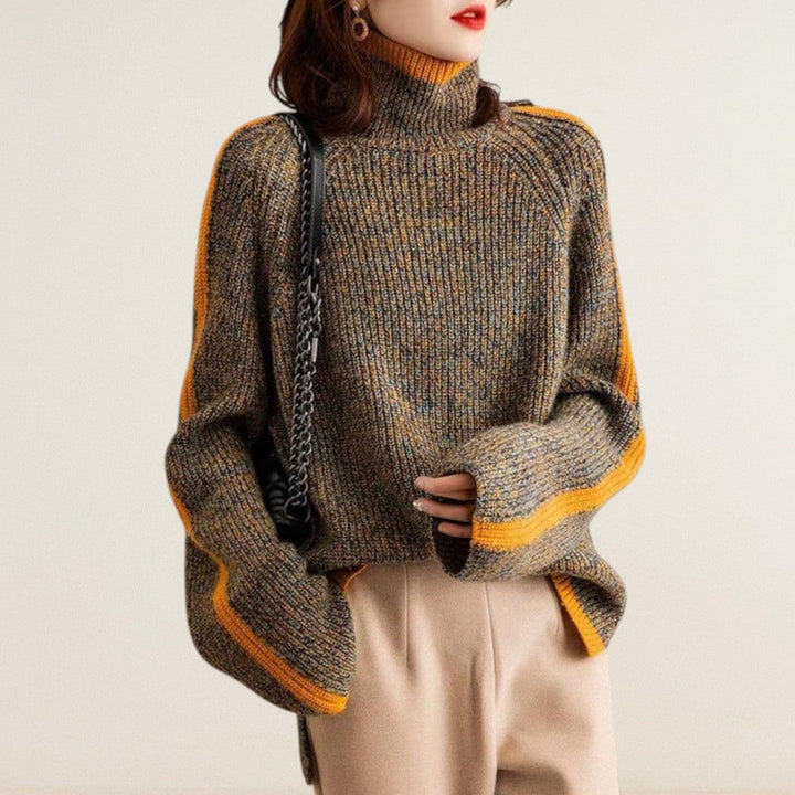 Μαρία – Πλεκτό πουλόβερ με αντίθεση και ψηλό γιακά